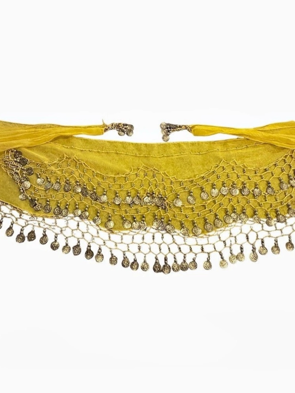 Chiffon Belly Dance Hip Scarf with Beads & Coins - Yellow/Gold